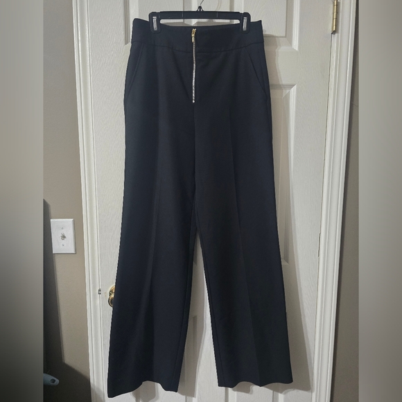 FRAME Wide Leg Zip Front Twill Trousers, Structured Black Dress Pants, Sz 10 - Picture 2 of 14